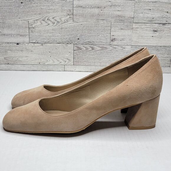 Stuart Weitzman Marymid Beige Suede Block Heel Pump 8.5 Career Money Minimalist - Picture 3 of 11